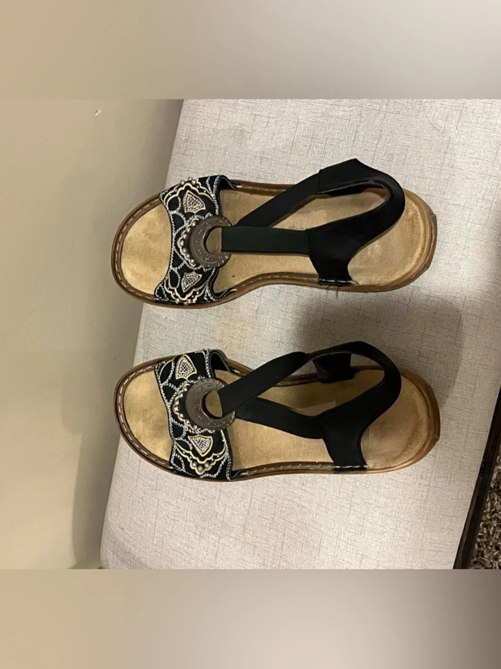 Rieker Regina B9 Black Embroidered Boho Slingback Sandals Silver Medallion, 42